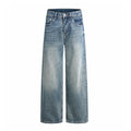 Washed Blue Denim Pants for Men Versatile Mid-Waist A-Line Long Trousers