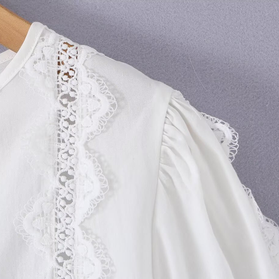 Cotton pleated lace patchwork short sleeved shirt