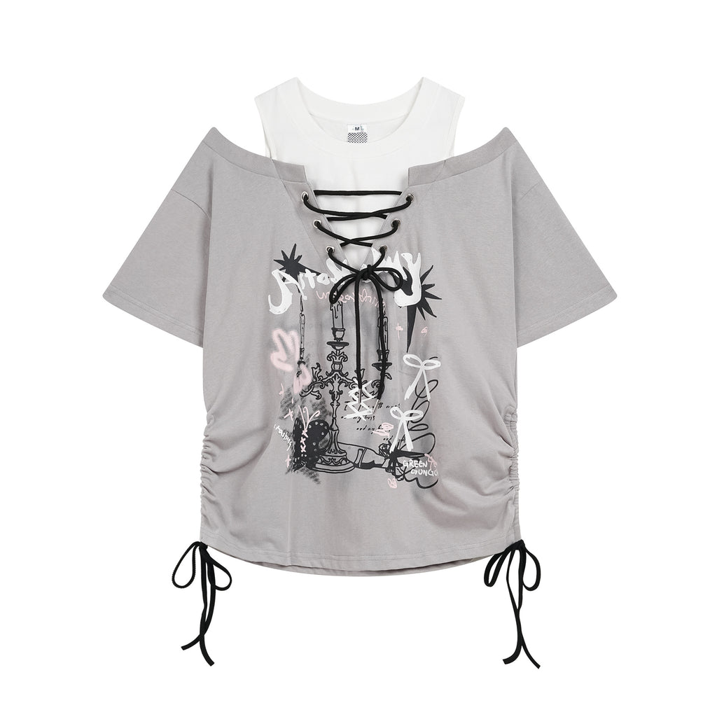 Candlestick Graffiti Printed Off-Shoulder T-Shirt for Women, Drawstring Tie-Up Pleated Slim-Fitting Top