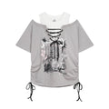 Candlestick Graffiti Printed Off-Shoulder T-Shirt for Women, Drawstring Tie-Up Pleated Slim-Fitting Top