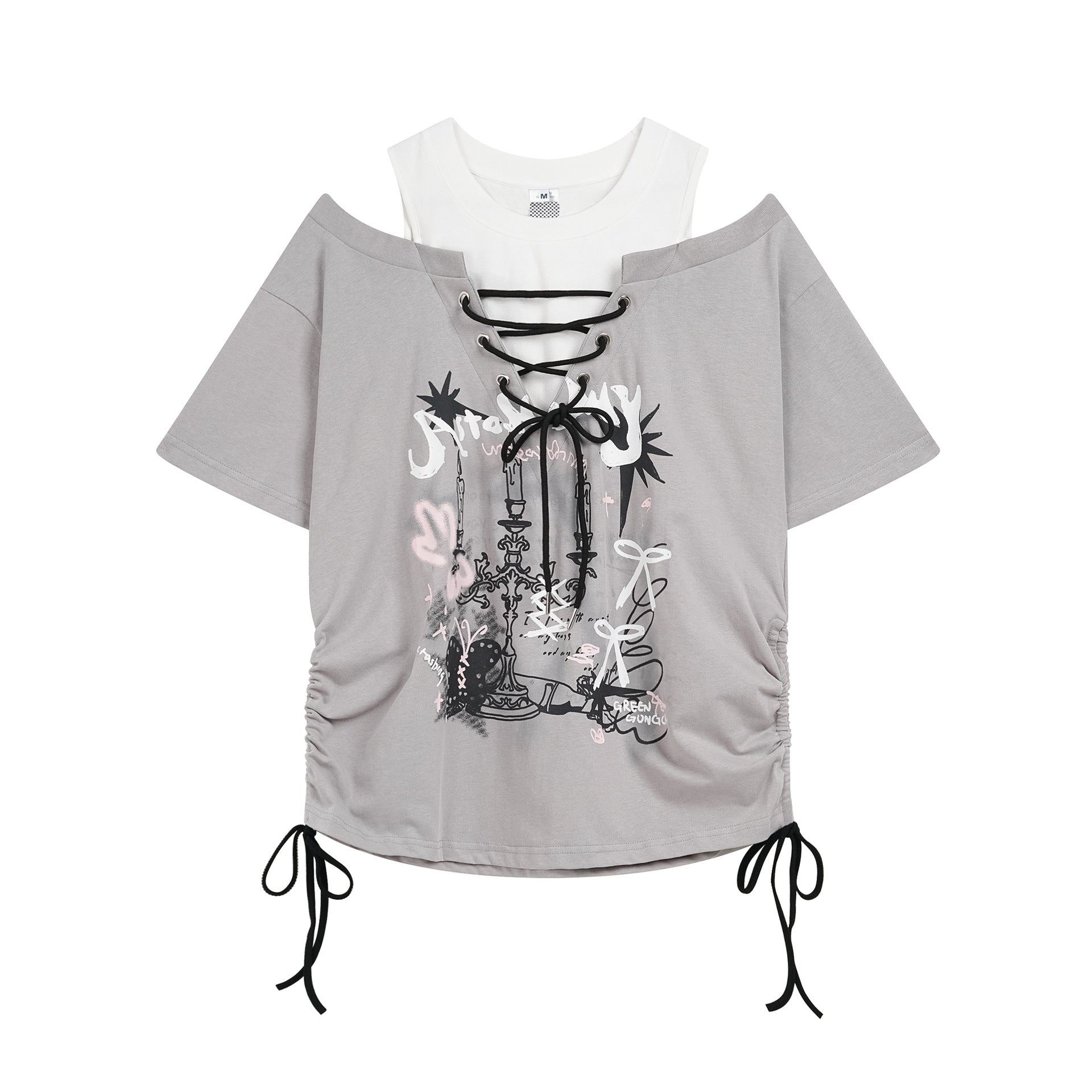 Candlestick Graffiti Printed Off-Shoulder T-Shirt for Women, Drawstring Tie-Up Pleated Slim-Fitting Top