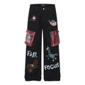 Casual Wide-Leg Denim Pants for Women with Cartoon Print High-Street American Vintage Plaid Style