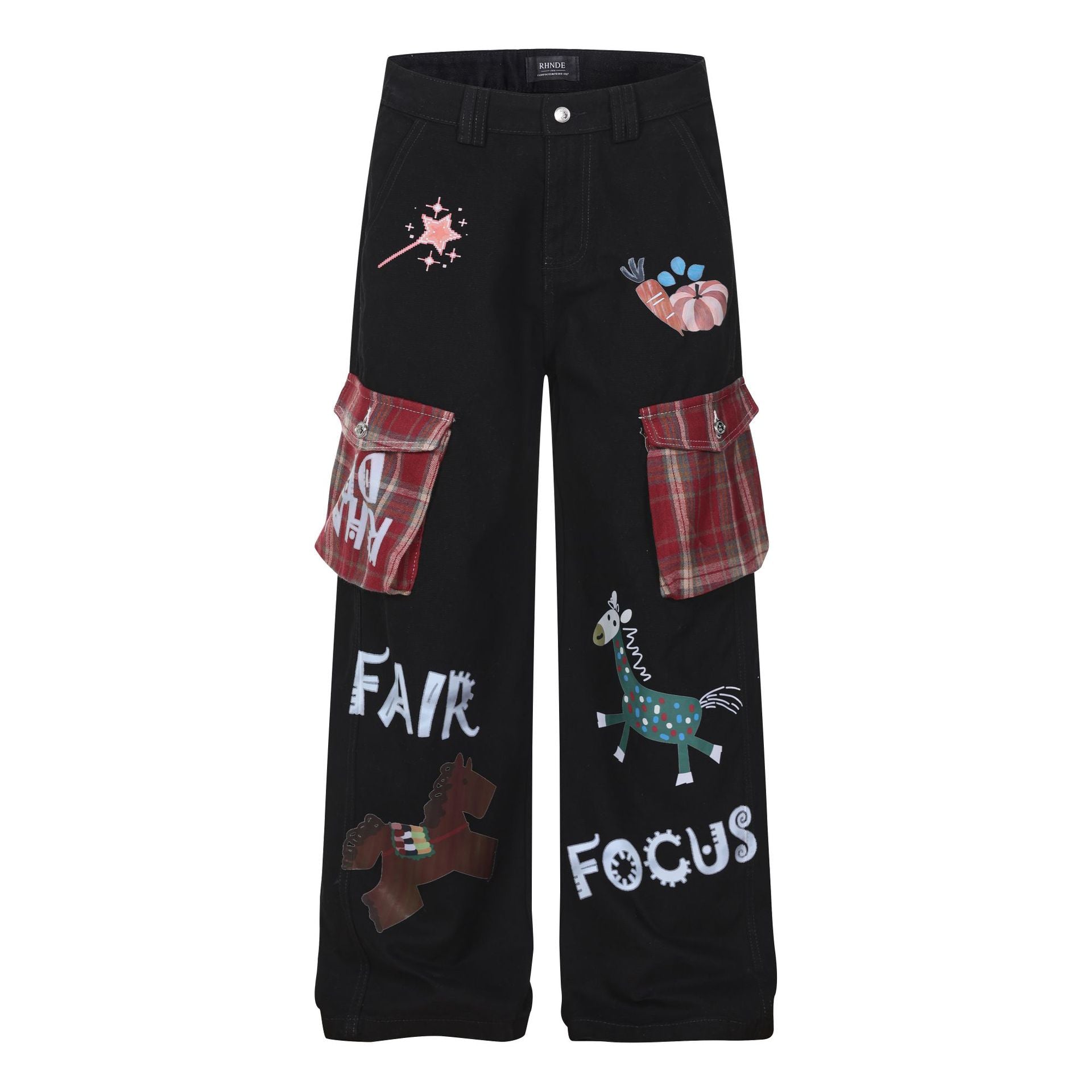 Casual Wide-Leg Denim Pants for Women with Cartoon Print High-Street American Vintage Plaid Style