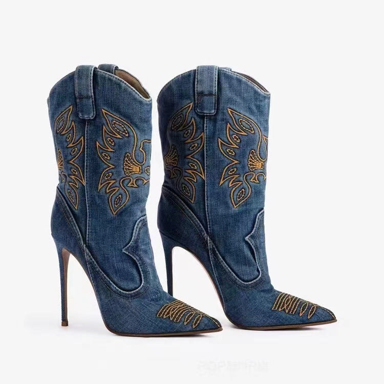 Western cowboy style high heels, pointed high heels, embroidered short tube, slim and sexy knight boots, fashion boots for women