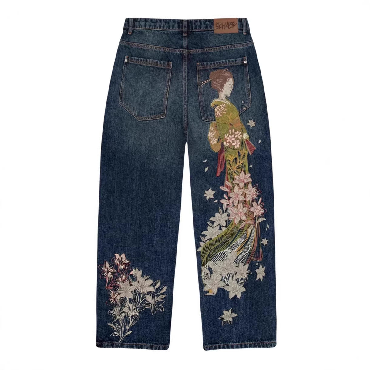 Crossover Derschutze High Street Retro Embroidery Straight Leg Jeans Unisex Unique Design Fashionable Export Style