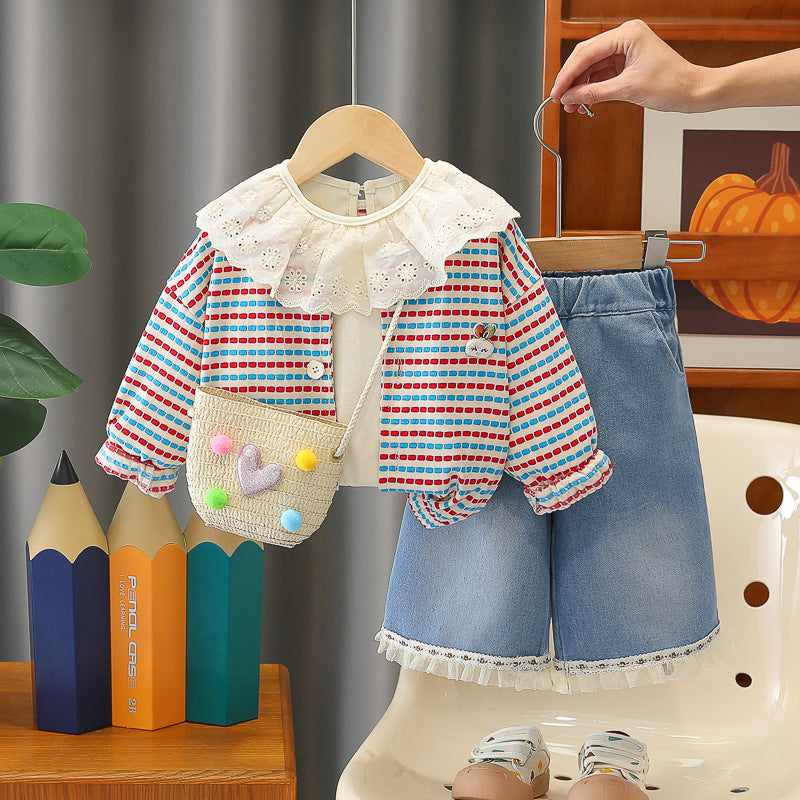 Long sleeved baby casual striped cardigan three piece set