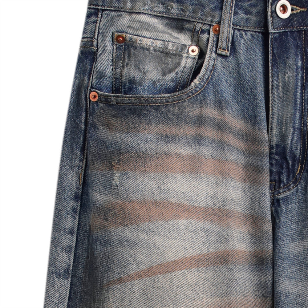 Ripped worn dirty straight leg jeans