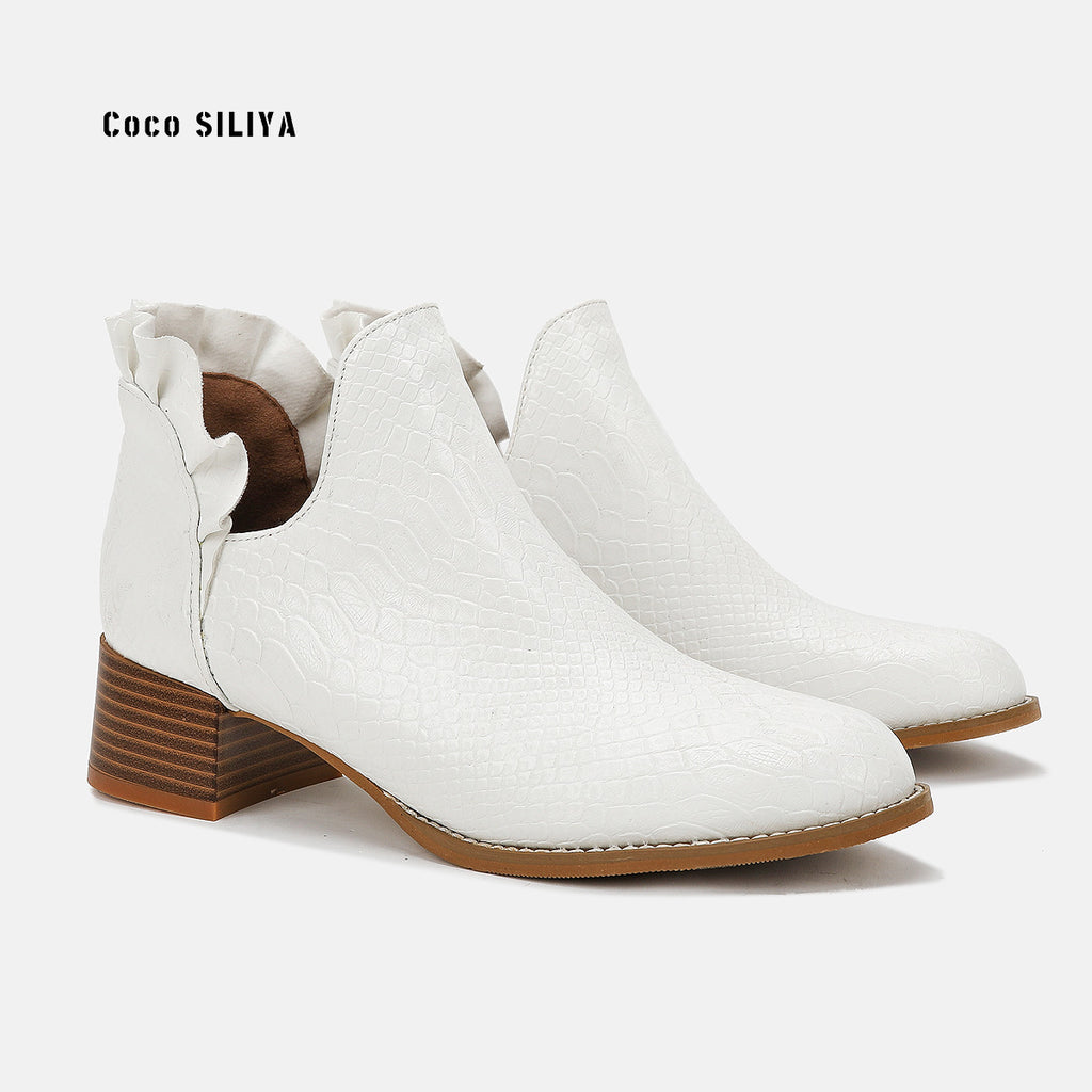 Snakeskin Boots Autumn and Winter New Large Women's Boots Round Toe Heavy Heel Martin Boots