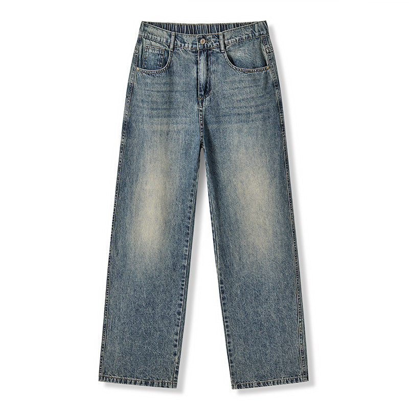 Washed Denim Pants Men Loose Straight Fit Half Elastic Simple Long Trousers