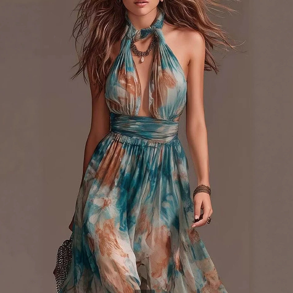 Hang Neck Backless Ink Print Vacation Style Casual Long Dress