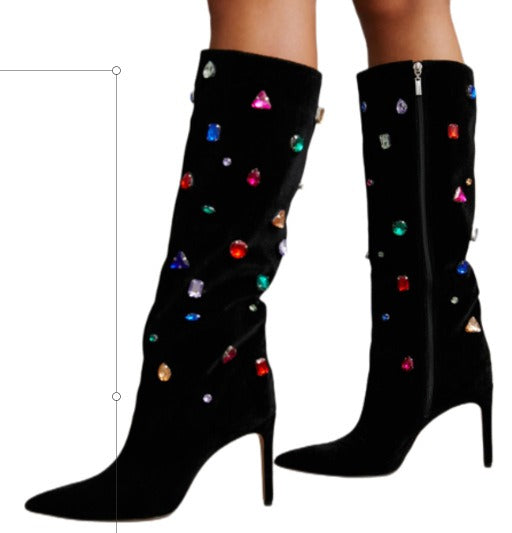 Sequined Knee-high Boots Sexy Pointed Toe Stiletto Boots Colorful Crystal Decor Fashion Shoes