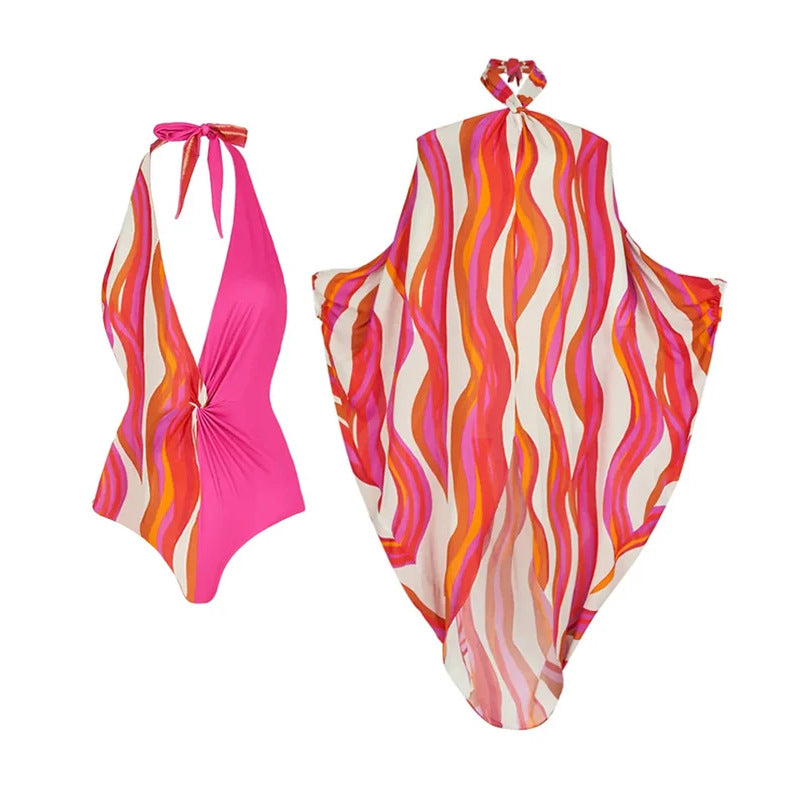 One-piece Swimsuit Bodycon  Halter Neck Cover-Up  Beach Female