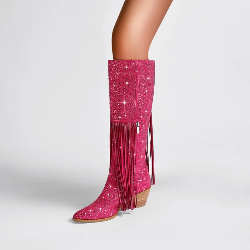 New Women's Thick High Heels Knee Long Women's Boots Fashion Tassel Rhinestone Short Boots Pointed Large Women's Boots
