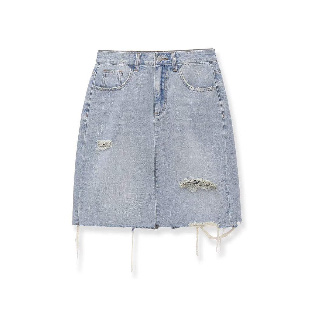 Mid waist perforated casual denim skirt