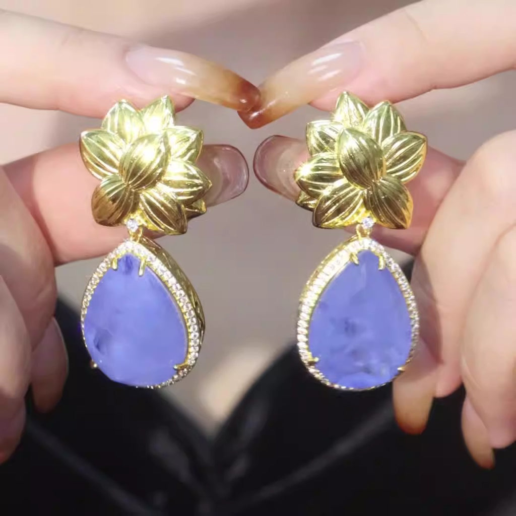 Flower earrings, light luxury and fashionable, drop earrings, sapphire gold-plated necklace set
