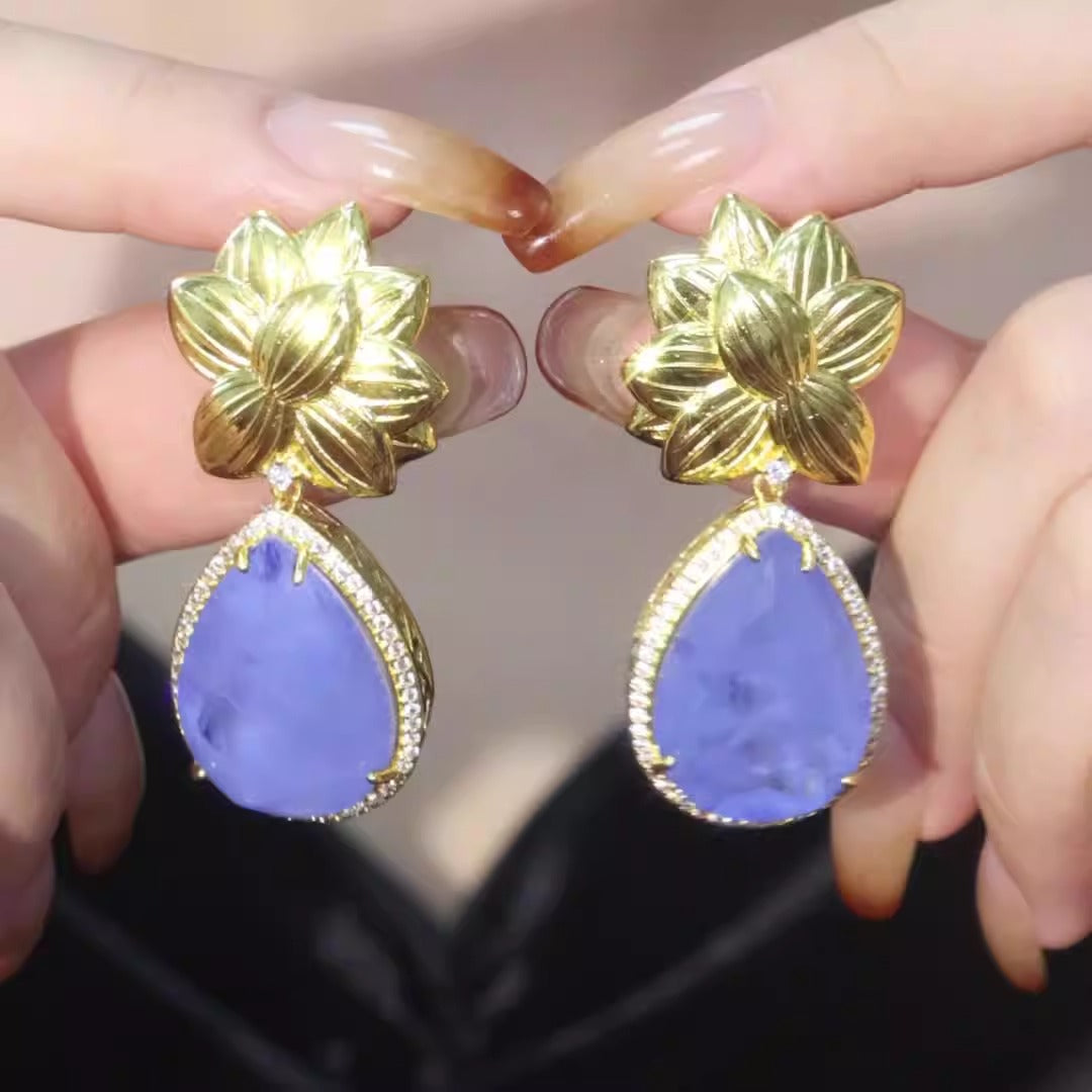 Flower earrings, light luxury and fashionable, drop earrings, sapphire gold-plated necklace set