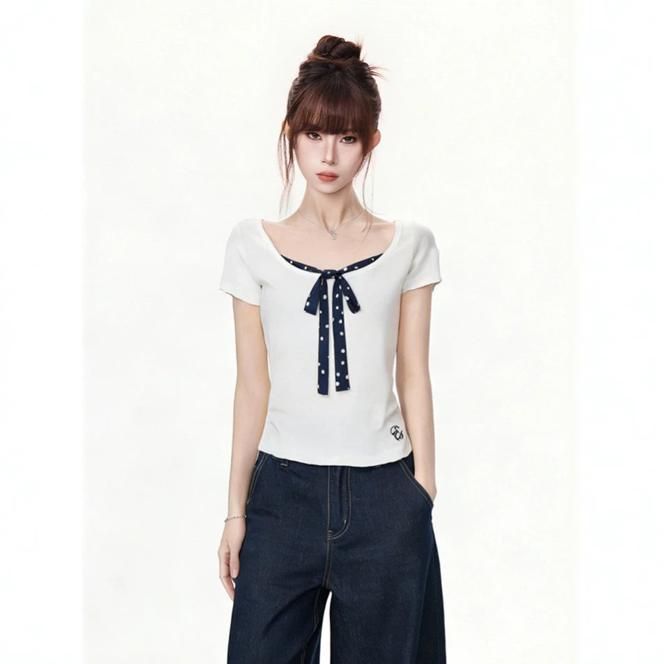Faux Two-Piece U-Neck Lyocell Polka Dot Tie-Front Short Sleeve T-Shirt for Women