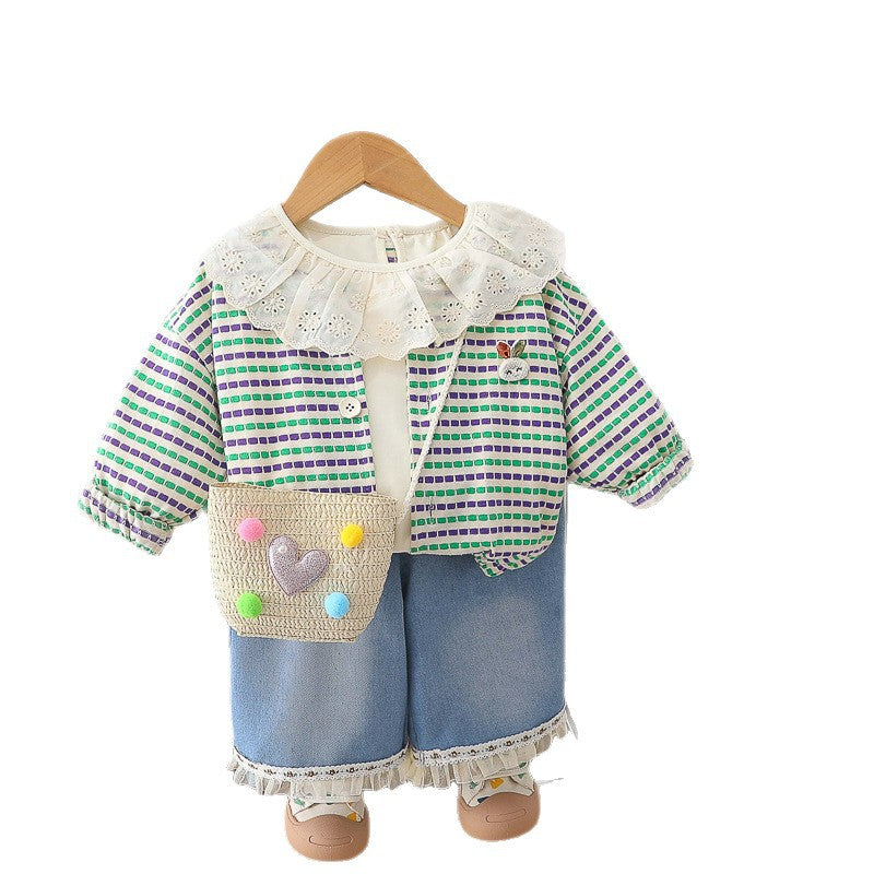 Long sleeved baby casual striped cardigan three piece set