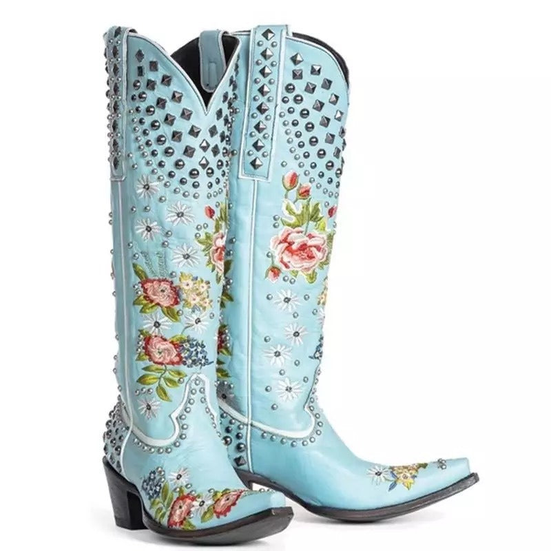 pointed toe bootswomen's boots ethnic style embroidered rivet thick heel women's boots