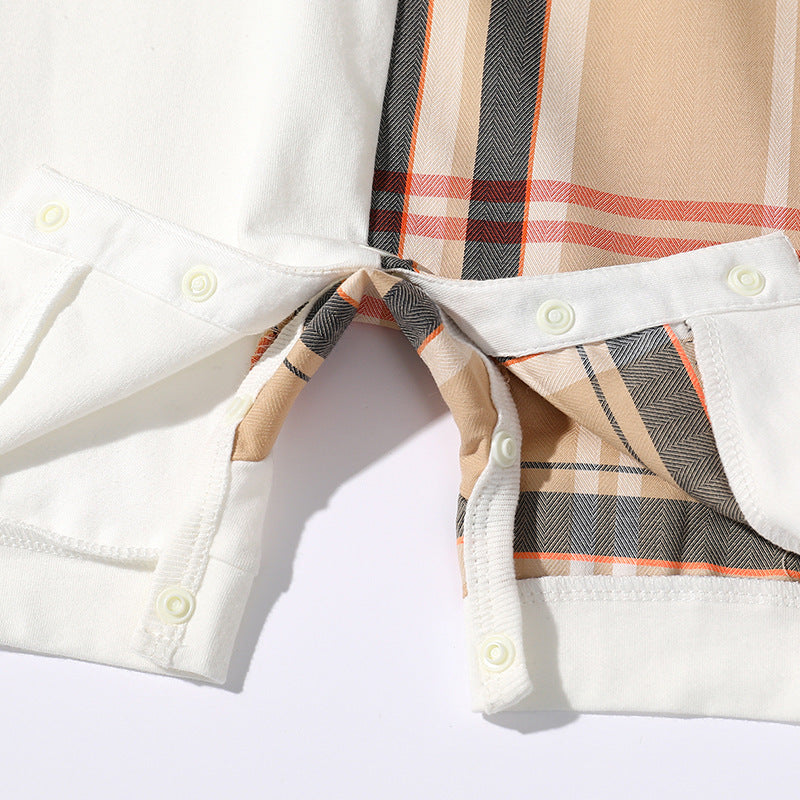Checkered round neck short sleeved baby jumpsuit