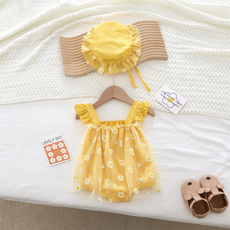 Cute Baby Romper Sleeveless Vest Halter Triangular Crawler Girl Baby Chrysanthemum Princess Dress Bodysuit