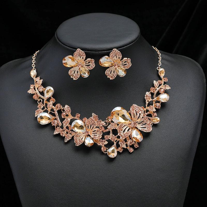 Exaggerated Necklace Earring Set Female Fashion Temperament Alloy Crystal Flower Bridal Dress Personality