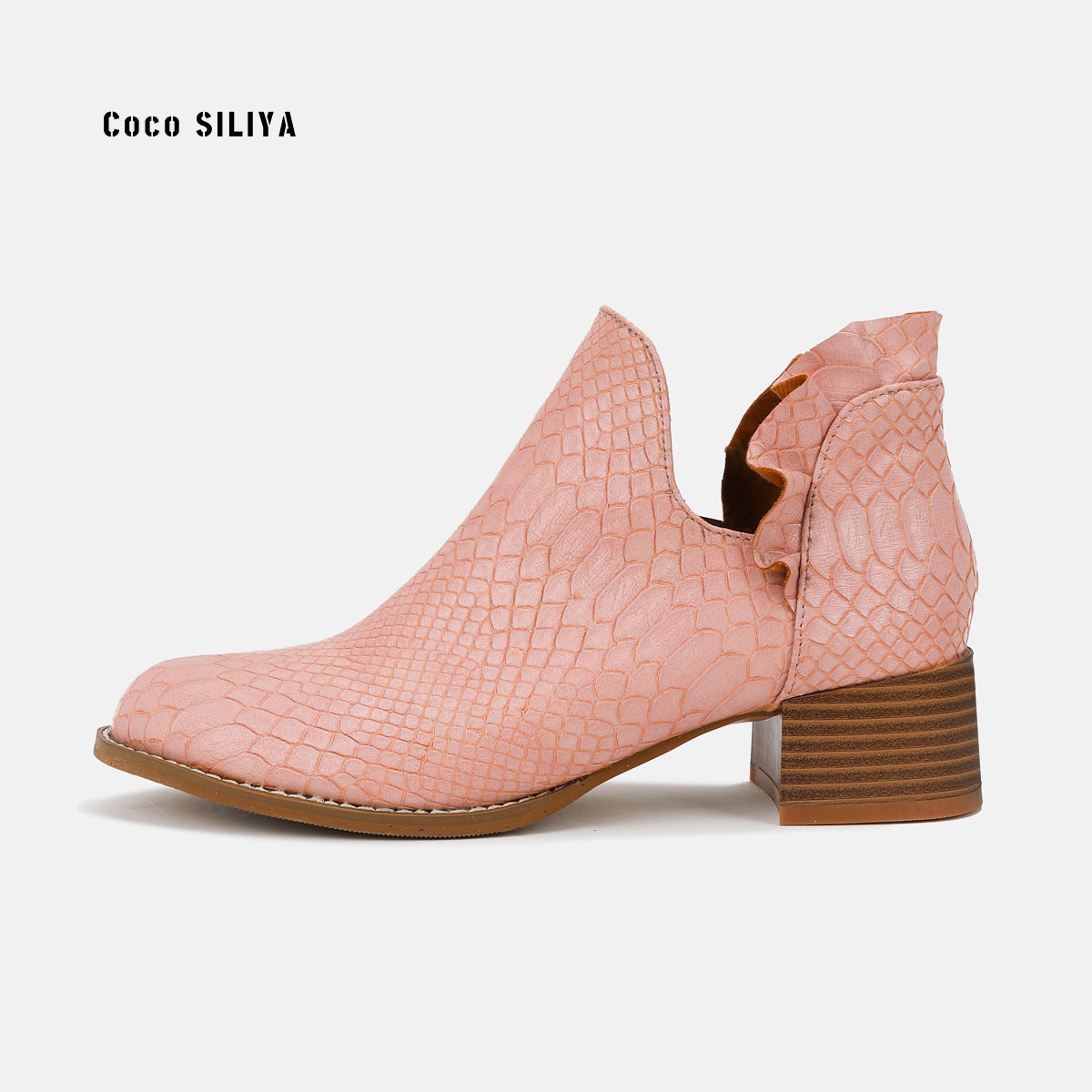 Snakeskin Boots Autumn and Winter New Large Women's Boots Round Toe Heavy Heel Martin Boots