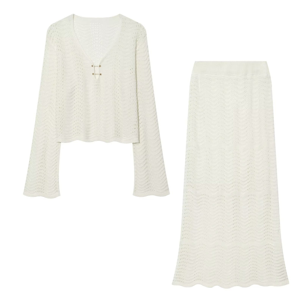 Commuting style elegant knitted long sleeved+skirt set