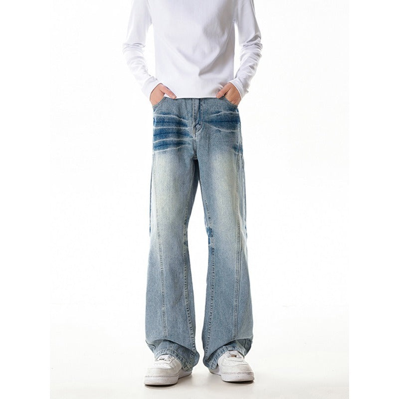 Washed Gradient Denim Pants with Cat Eye Texture and Blue Lightning Pattern