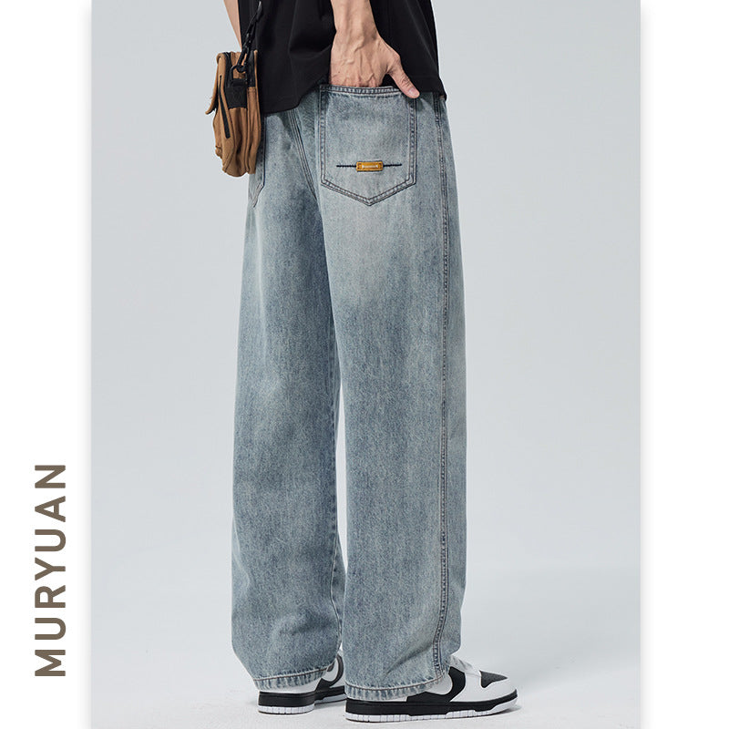 Washed Denim Pants Men Loose Straight Fit Half Elastic Simple Long Trousers