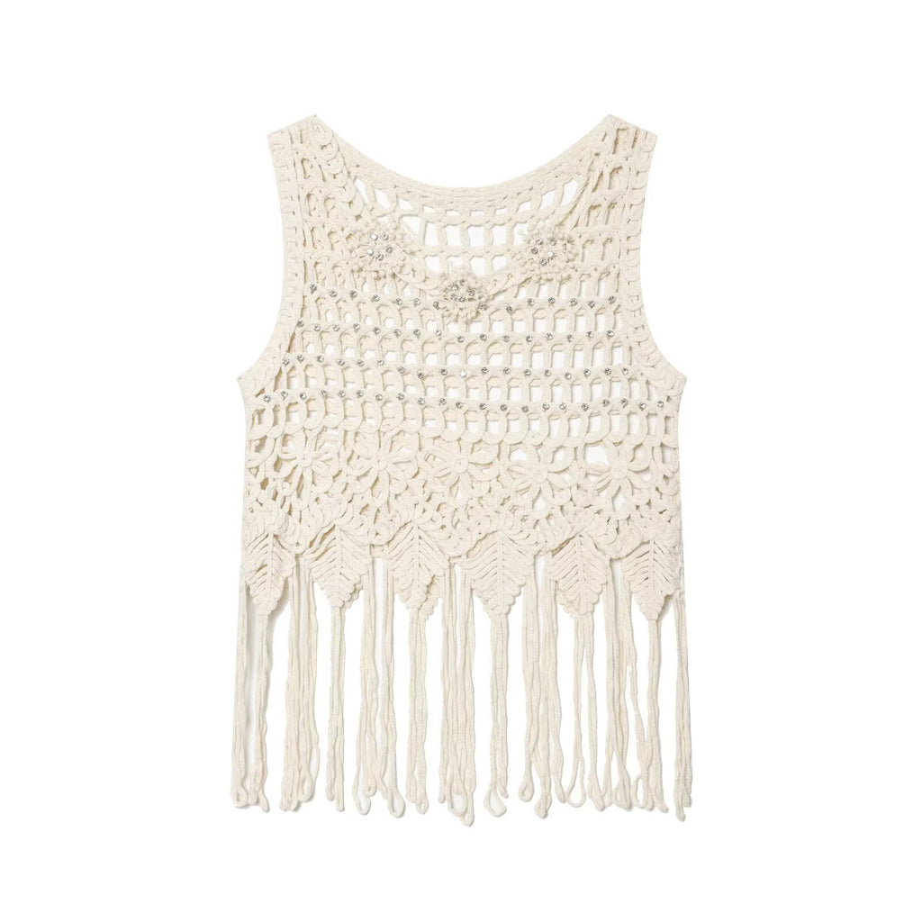 Hot girl sexy brick inlaid tassel knitted sleeveless vest
