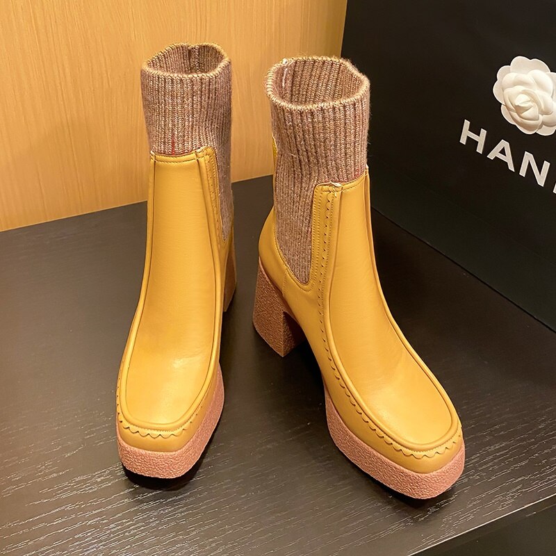 Platform Ankle Boots Woman Shoes Stretch Wool Leather Simple Brand Sock Boots High Heel Autumn Winter Warm Boots
