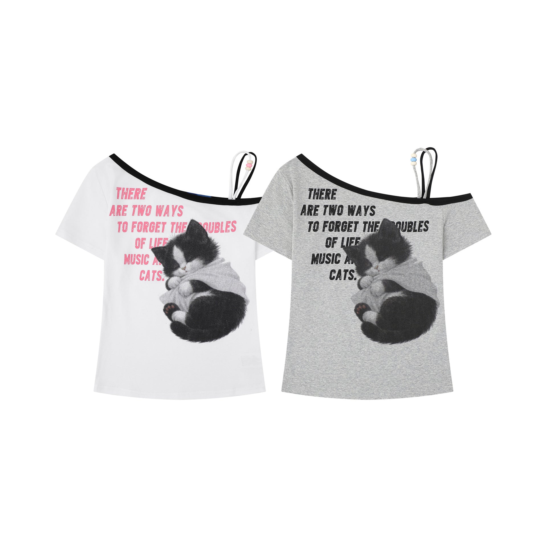 Sexy Cat Print Asymmetrical Shoulder T-Shirt for Women with Beaded Straps
