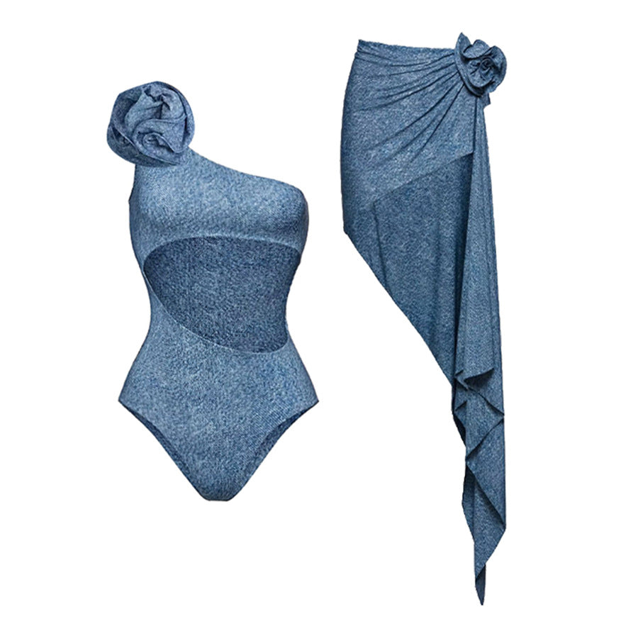One-Shoulder Hollow-Out Soft Denim One-Piece Swimsuit with Flower Decoration for Women
