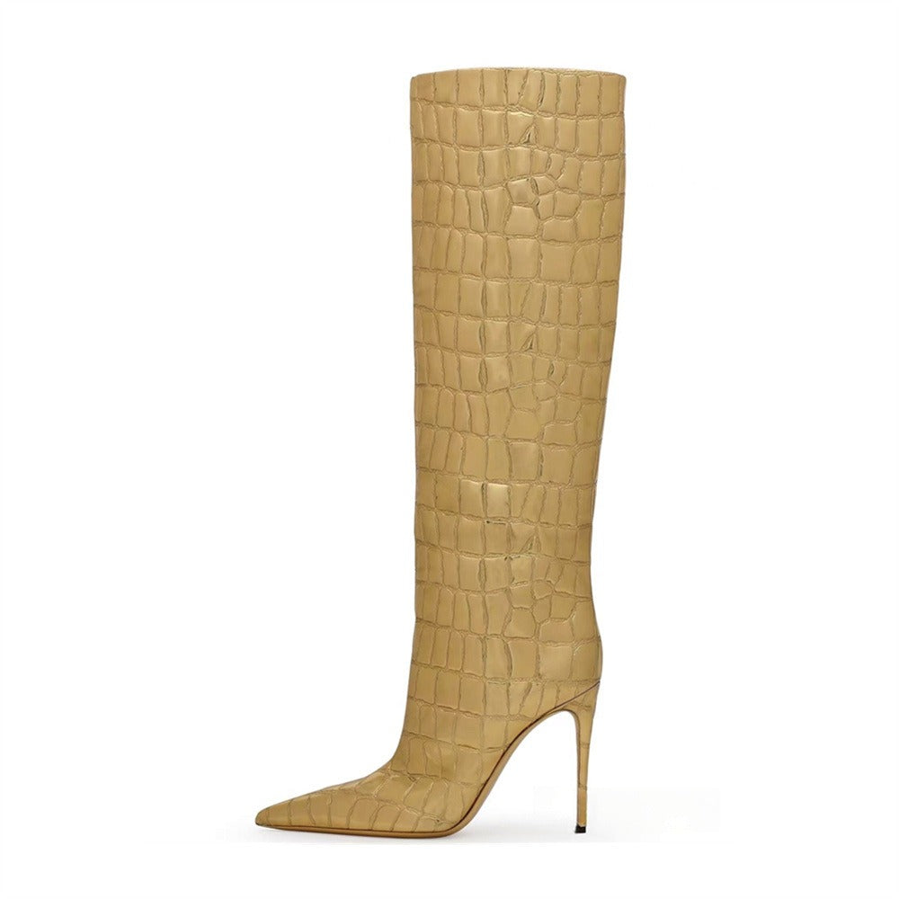 Pointed thin heel leopard print long boots for women's fashionable and sexy high boots for women's shoes