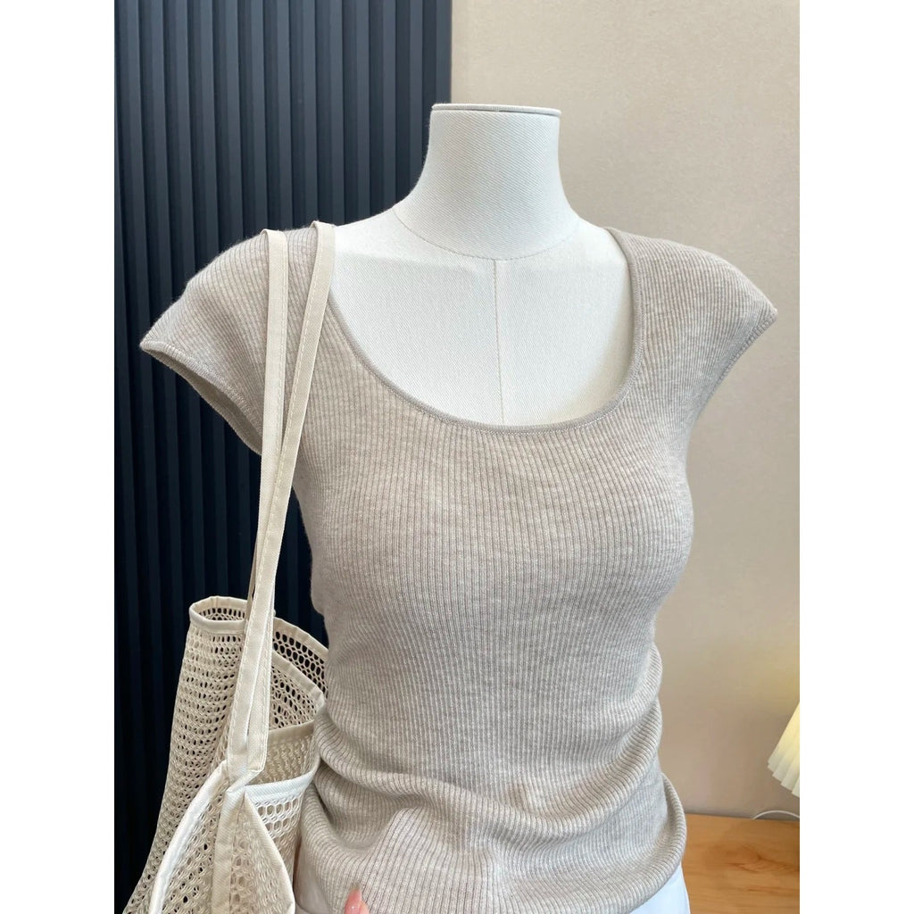 Soft Style U-Neck Elegant Ribbed Knit Short Sleeve Innerwear Top