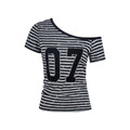 Striped Star Number Asymmetrical Shoulder T-Shirt Single Shoulder Off-Shoulder Slim Fit Crop Top