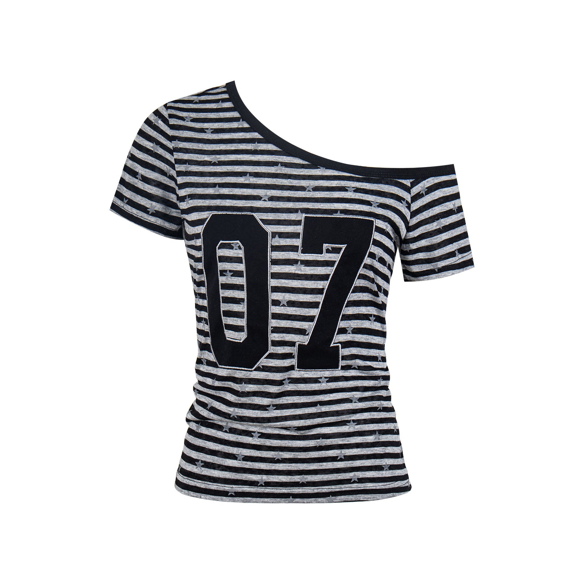 Striped Star Number Asymmetrical Shoulder T-Shirt Single Shoulder Off-Shoulder Slim Fit Crop Top