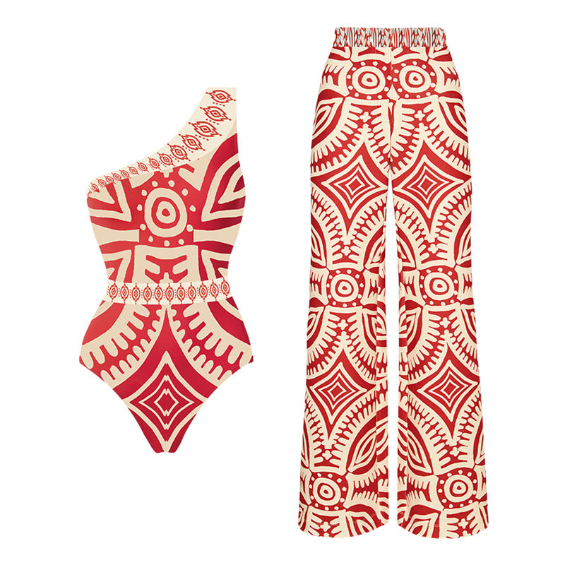 Off-Shoulder One-Piece Swimsuit for Women with Beach Pants