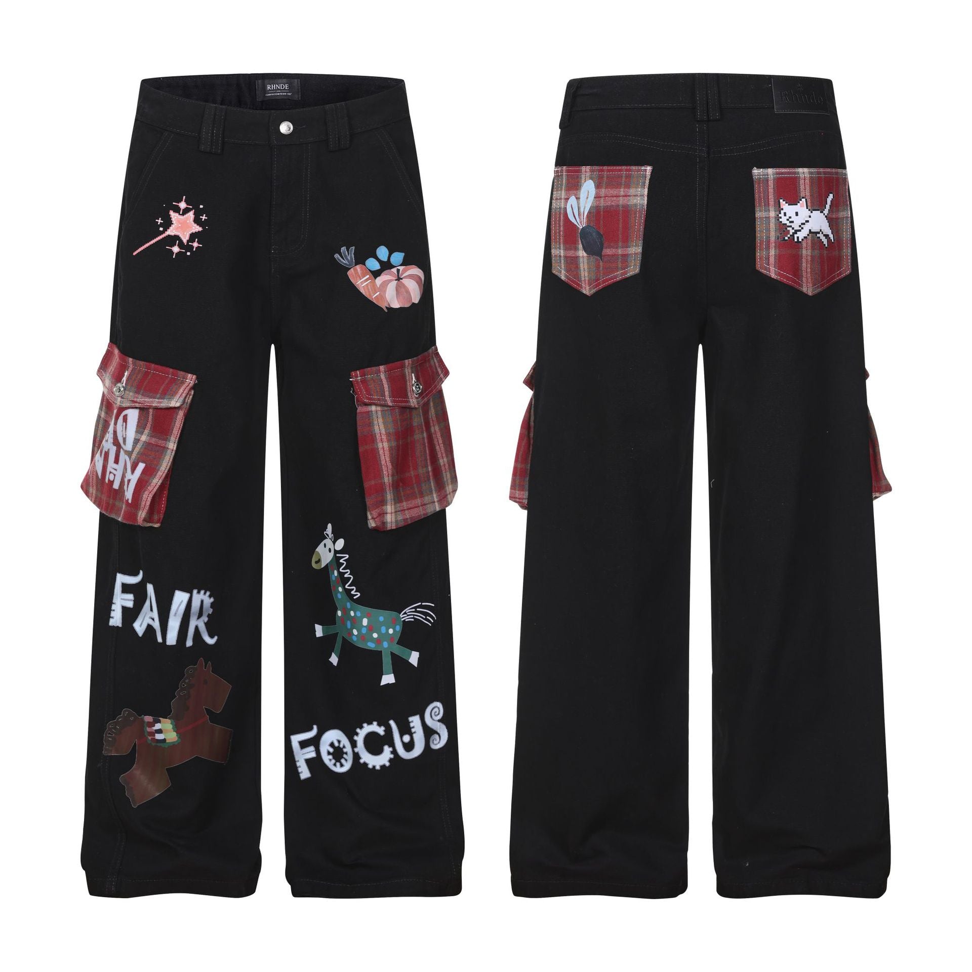 Casual Wide-Leg Denim Pants for Women with Cartoon Print High-Street American Vintage Plaid Style