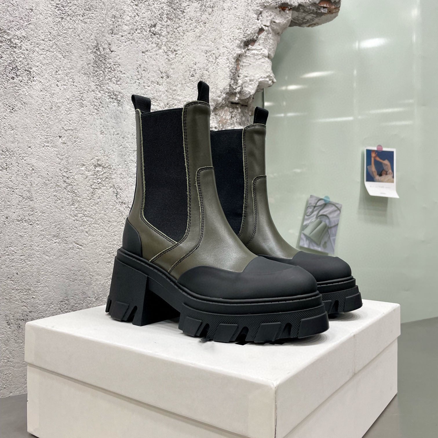 Thick Sole Hight Increasing Chelsea Boots Women Real Leather Mixed Colors Martin Boots Round Toe Elastic Band Ankle Boots