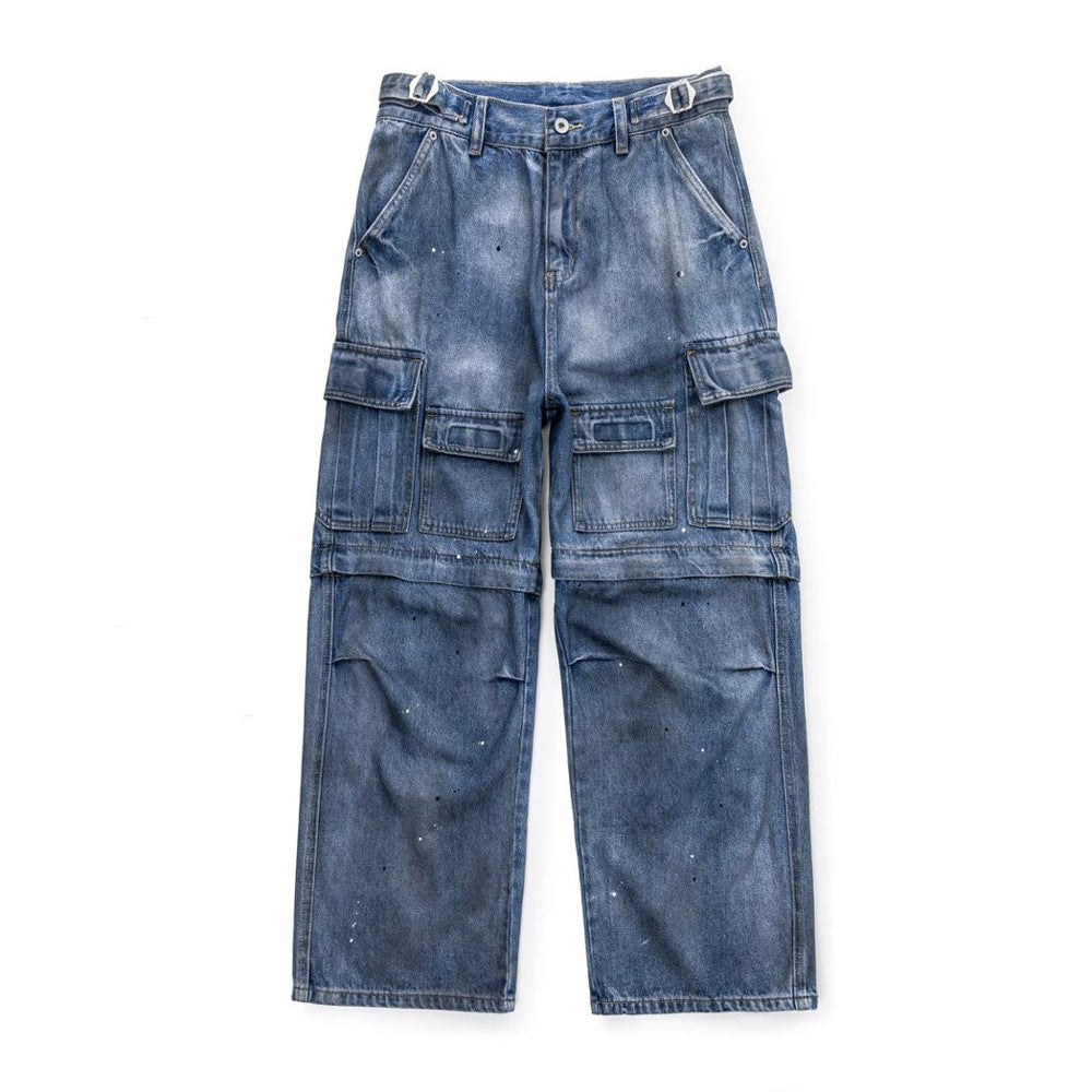 Washed worn dirty multi pocket functional work pants