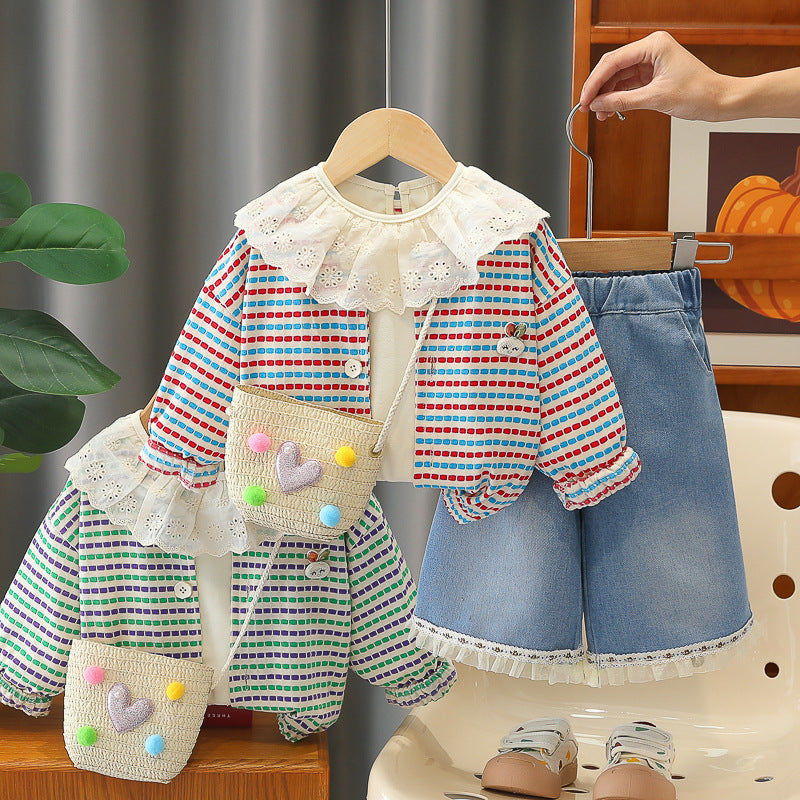 Long sleeved baby casual striped cardigan three piece set