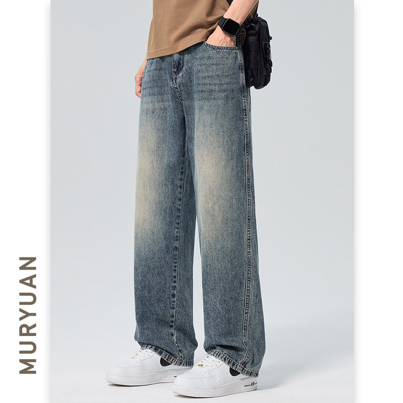 Washed Denim Pants Men Loose Straight Fit Half Elastic Simple Long Trousers