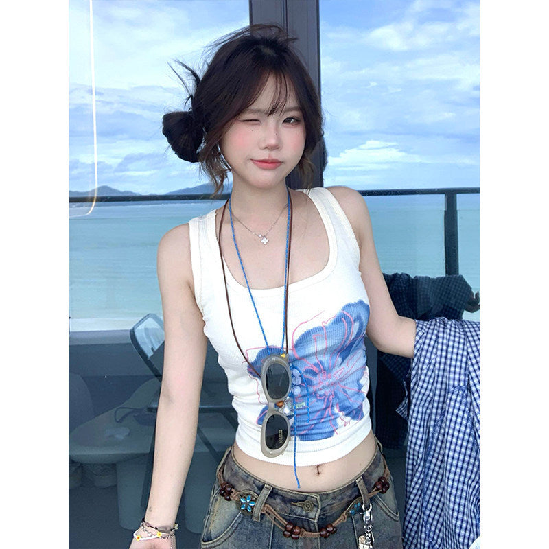 Lace-up Style U-Neck Ombre Print Tank Top for Women