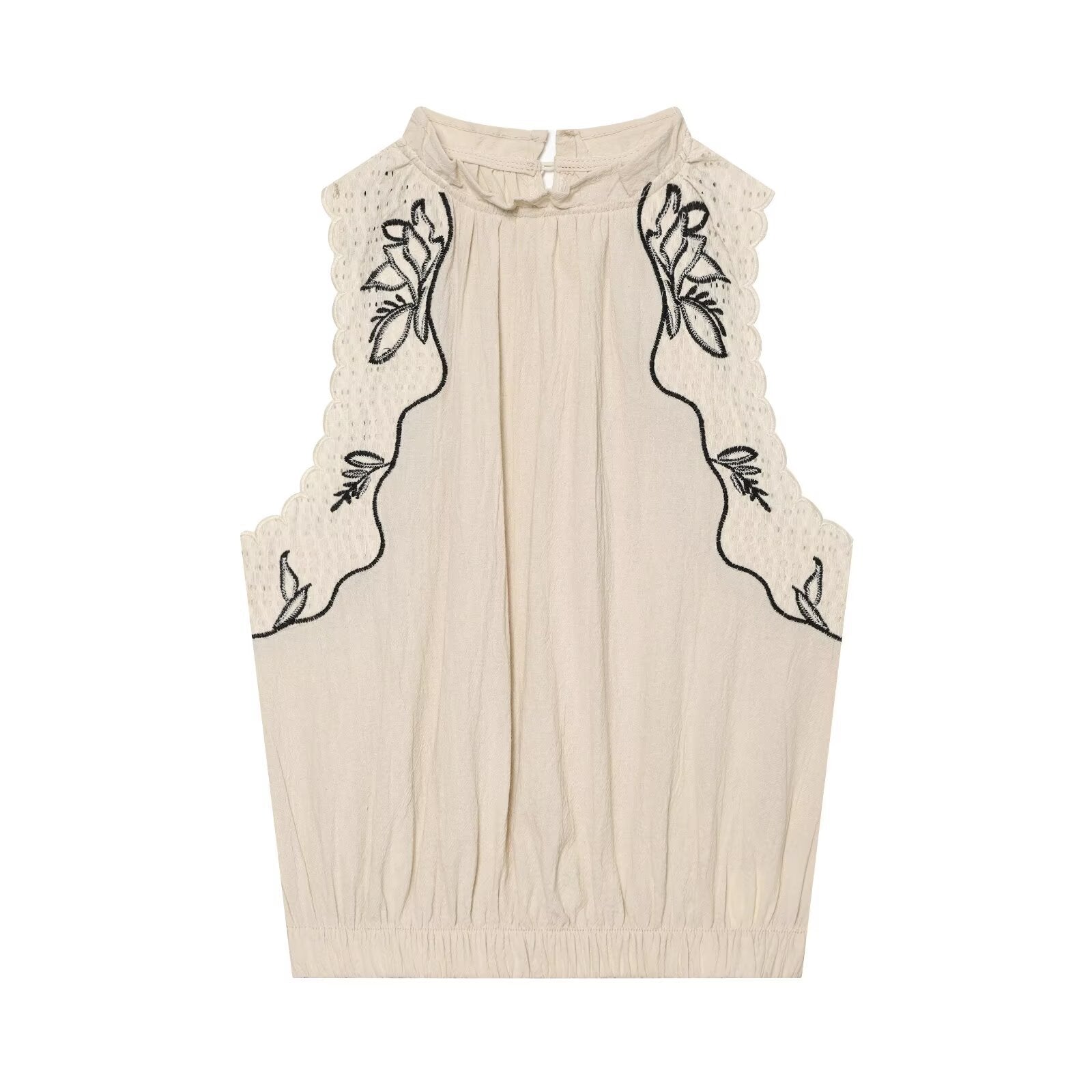 Embroidered patchwork balloon shaped sleeveless top