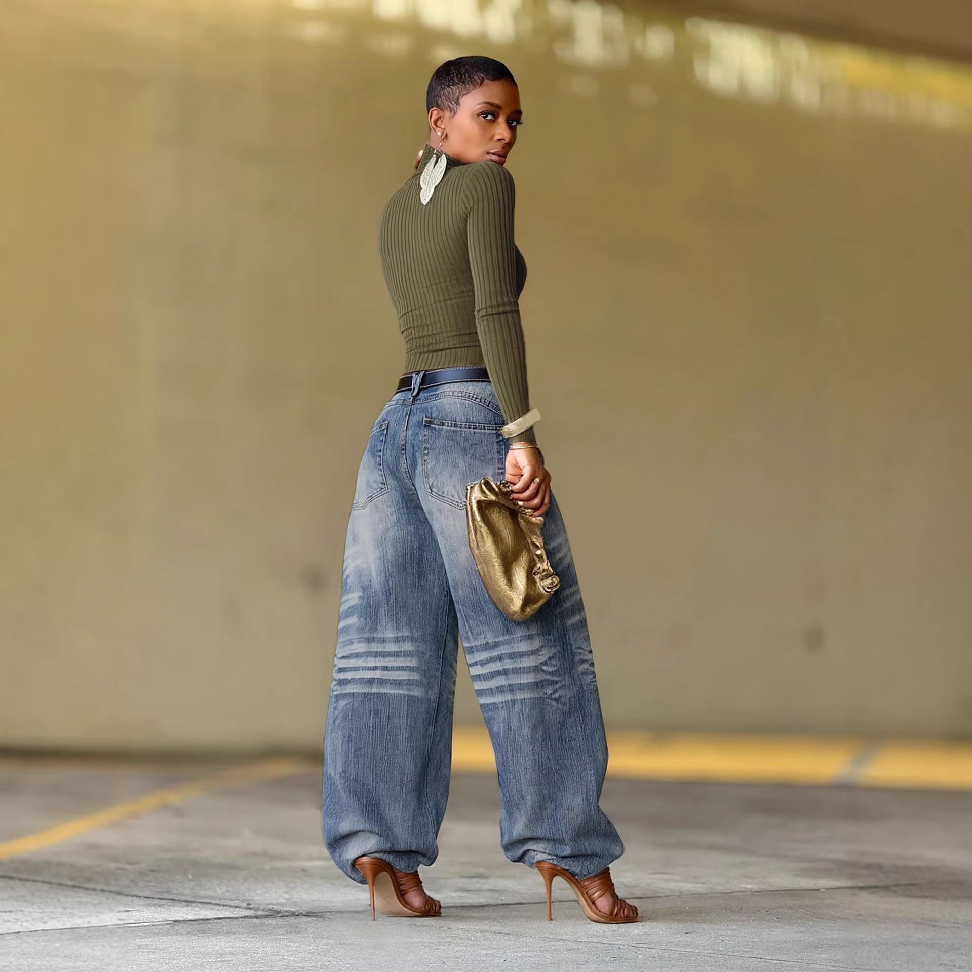 Design Pleated Faded Loose Jeans Pants