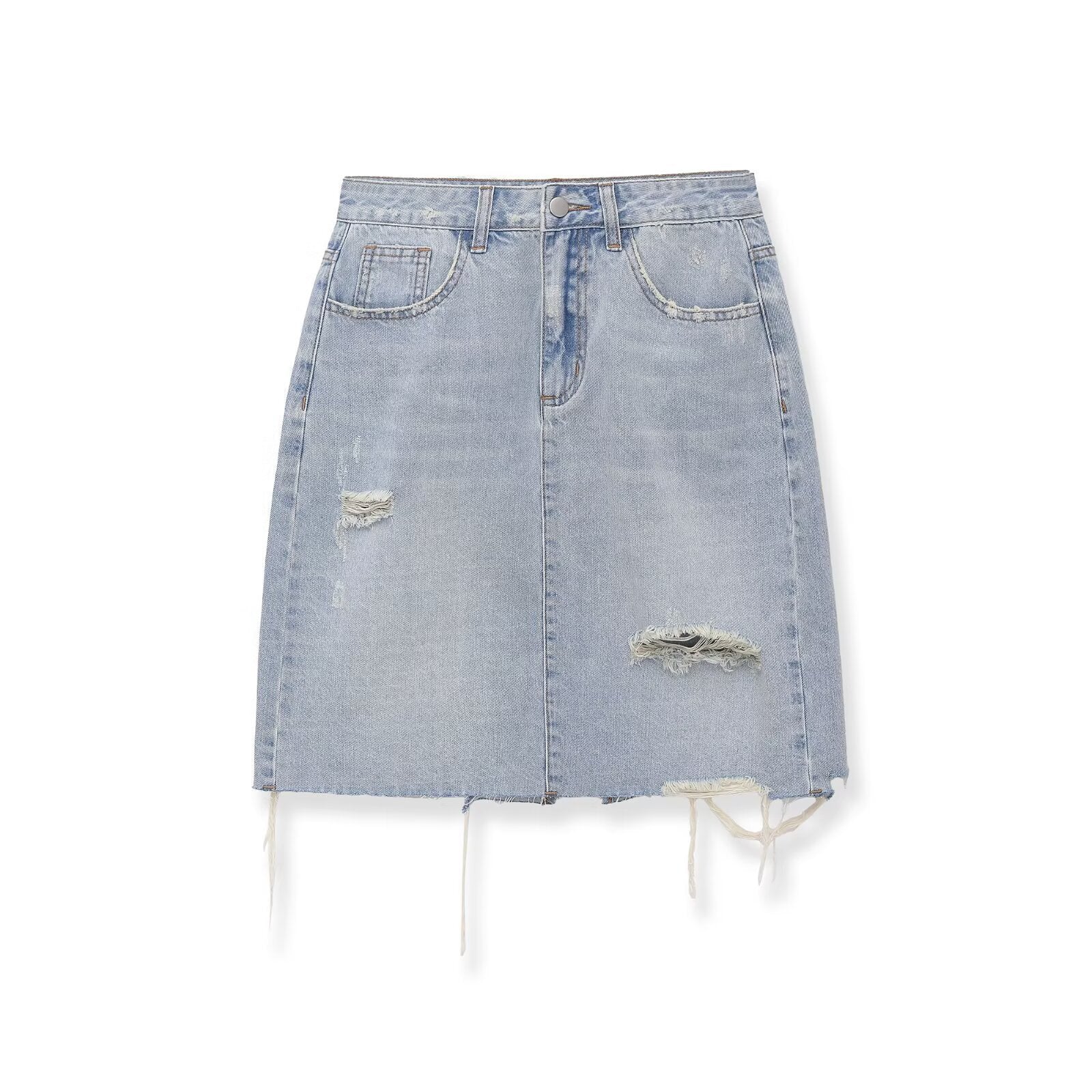 Mid waist perforated casual denim skirt