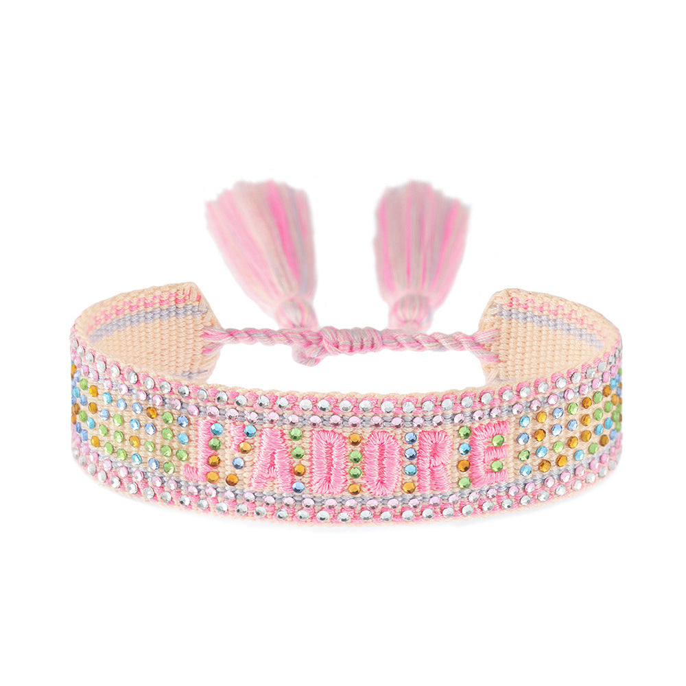 Cross-border Fully Ironed Colorful Diamond Woven DIY Bracelet Accessories for Women Creative Ethnic Embroidery Letter Rope