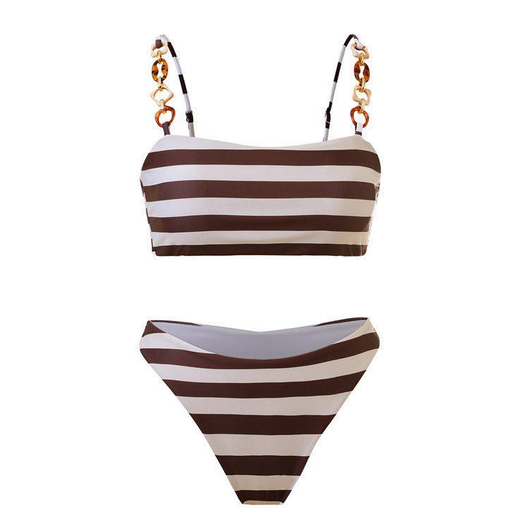 Sexy Stripe Bikini Set Women's Halter Neck Triangular Swimwear for Vacation